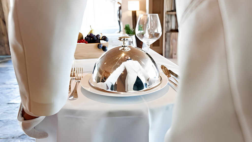 Serviço de restaurante de gama alta com mesa posta, cloche metálica e detalhe de atendimento, representando a experiência visível ao cliente no setor HORECA.