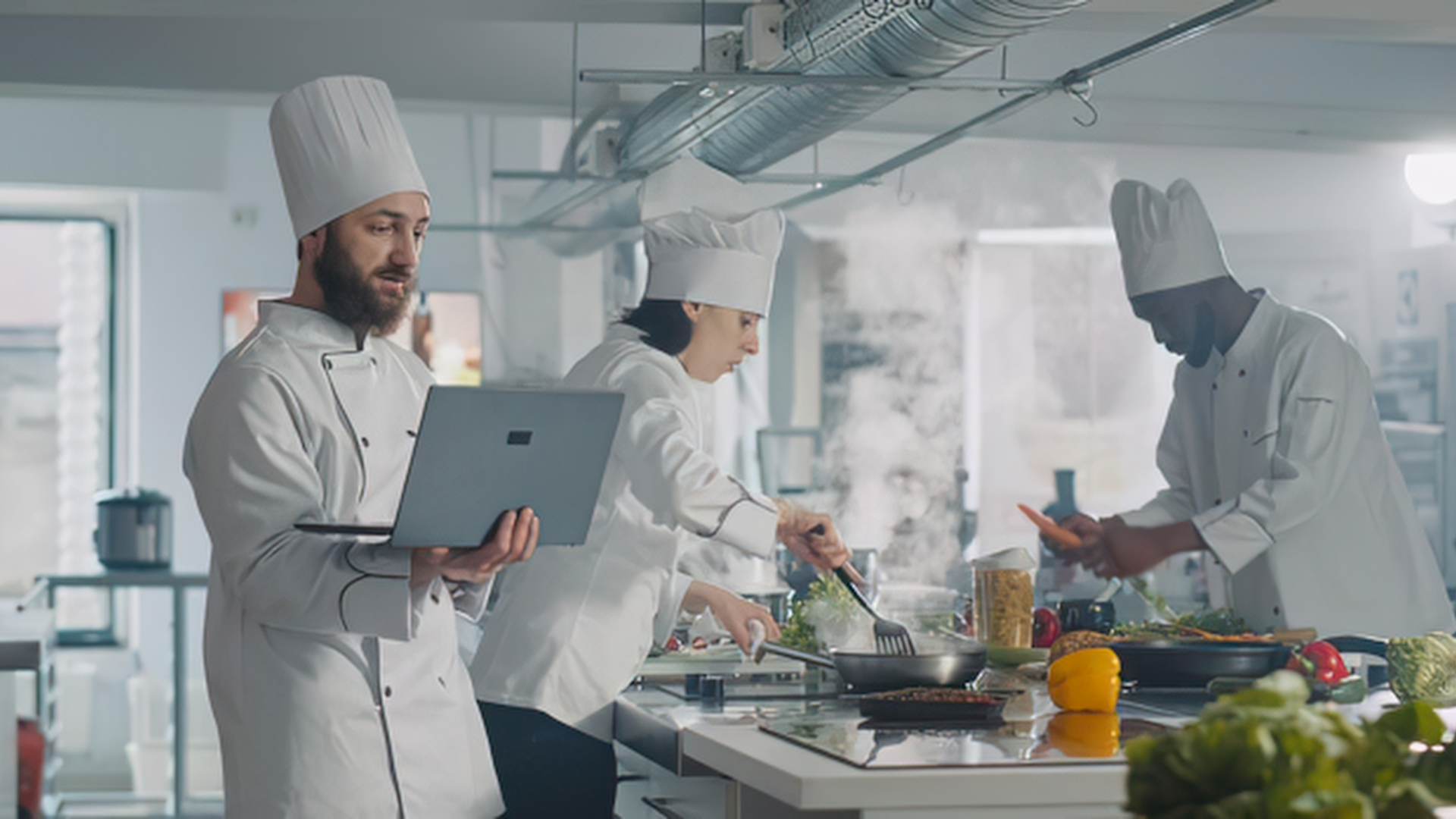 Chef utiliza um computador portátil enquanto dois profissionais preparam alimentos numa cozinha profissional equipada.
